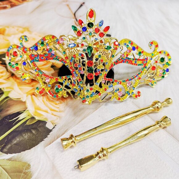 Rainbow Masquerade Mask, Crystal Handheld Mask, Gold Mask, Prom Mask, Pride Mask - Picture 8 of 9